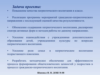 Задачи проекта:
• Повышение качества патриотического воспитания в классе.
• Реализация программы мероприятий гражданско-патриотического
направления с последующей оценкой качества результативности.
• Обновление содержания патриотического воспитания, расширение
спектра активных форм и методов работы по данному направлению.
• Усиление взаимодействия с учреждениями дополнительного
образования детей, учреждениями культуры по вопросам
патриотического воспитания.
• Усиление роли семьи в патриотическом воспитании
подрастающего поколения.
• Разработать методическое обеспечение для эффективности
процесса формирования общечеловеческих ценностей у подростков в
процессе гражданско-патриотического воспитания.
Шаповал И. Н. ДОШ № 88
 