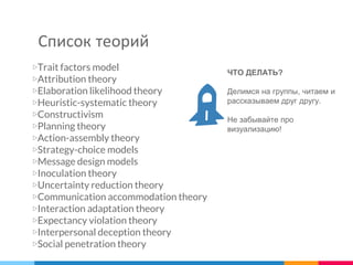 Список теорий
▷Trait factors model
▷Attribution theory
▷Elaboration likelihood theory
▷Heuristic-systematic theory
▷Constructivism
▷Planning theory
▷Action-assembly theory
▷Strategy-choice models
▷Message design models
▷Inoculation theory
▷Uncertainty reduction theory
▷Communication accommodation theory
▷Interaction adaptation theory
▷Expectancy violation theory
▷Interpersonal deception theory
▷Social penetration theory
ЧТО ДЕЛАТЬ?
Делимся на группы, читаем и
рассказываем друг другу.
Не забывайте про
визуализацию!
 