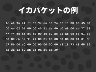 イカパケットの
4c e6 76 4f ** ** 9c e6 35 74 ** ** 08 00 45 00
00 4c 02 09 00 00 40 11 de 60 c0 a8 00 cb 77 68
** ** c8 ae c4 d9 00 38 82 bf 32 ab 98 64 01 56
00 08 cb 39 91 71 00 01 00 00 00 00 00 01 01 0b
d7 8b 00 c0 00 00 00 00 00 00 a3 18 73 48 d8 7f
ab 2d 12 50 bb 3d 0d b6 dd 39
 