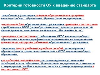 Критерии готовности ОУ к введению стандарта
разработана и утверждена основная образовательная программа
начального общего образования образовательного учреждения;
-нормативная база образовательного учреждения приведена в соответствие
с требованиями ФГОС (цели образовательного процесса, режим занятий,
финансирование, материально-техническое обеспечение и т.п.);
-приведены в соответствие с требованиями ФГОС начального общего
образования и новыми тарифно-квалификационными характеристиками
должностные инструкции работников образовательного учреждения;
-определен список учебников и учебных пособий, используемых в
образовательном процессе в соответствии с ФГОС начального общего
образования;
- разработаны локальные акты, регламентирующие установление
заработной платы работников образовательного учреждения, в том числе
стимулирующих надбавок и доплат, порядка и размеров премирования в
соответствии с НСОТ;
 