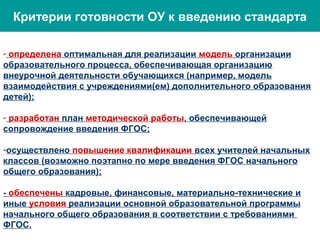 Критерии готовности ОУ к введению стандарта
- определена оптимальная для реализации модель организации
образовательного процесса, обеспечивающая организацию
внеурочной деятельности обучающихся (например, модель
взаимодействия с учреждениями(ем) дополнительного образования
детей);
- разработан план методической работы, обеспечивающей
сопровождение введения ФГОС;
-осуществлено повышение квалификации всех учителей начальных
классов (возможно поэтапно по мере введения ФГОС начального
общего образования);
- обеспечены кадровые, финансовые, материально-технические и
иные условия реализации основной образовательной программы
начального общего образования в соответствии с требованиями
ФГОС.
 