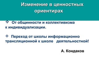 Изменение в ценностныхИзменение в ценностных
ориентирахориентирах
 От общинности и коллективизма
к индивидуализации.
 Переход от школы информационно
трансляционной к школе деятельностной!
А. Кондаков
 