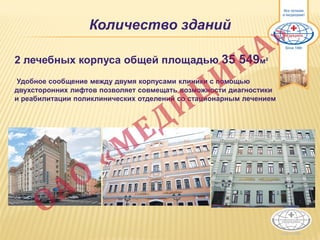 Количество зданий
2 лечебных корпуса общей площадью 35 549м²
Удобное сообщение между двумя корпусами клиники с помощью
двухсторонних лифтов позволяет совмещать возможности диагностики
и реабилитации поликлинических отделений со стационарным лечением
 