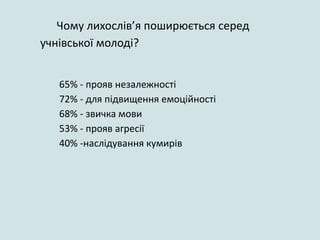 65% - прояв незалежності
72% - для підвищення емоційності
68% - звичка мови
53% - прояв агресії
40% -наслідування кумирів
Чому лихослів’я поширюється серед
учнівської молоді?
 