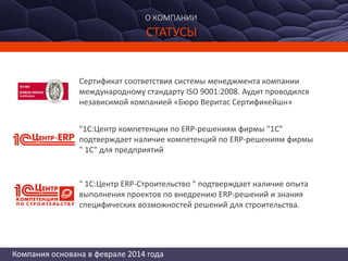 Компания основана в феврале 2014 года
О КОМПАНИИ
СТАТУСЫ
Сертификат соответствия системы менеджмента компании
международному стандарту ISO 9001:2008. Аудит проводился
независимой компанией «Бюро Веритас Сертификейшн»
"1С:Центр компетенции по ERP-решениям фирмы "1С"
подтверждает наличие компетенций по ERP-решениям фирмы
" 1С" для предприятий
" 1С:Центр ERP-Строительство " подтверждает наличие опыта
выполнения проектов по внедрению ERP-решений и знания
специфических возможностей решений для строительства.
 