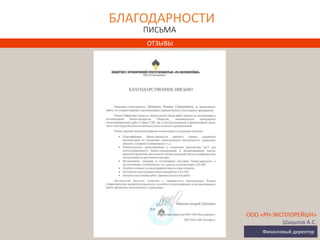 ООО «РН-ЭКСПЛОРЕЙШН»
Шишлов А.С.
Финансовый директор
БЛАГОДАРНОСТИ
ПИСЬМА
ОТЗЫВЫ
 