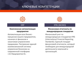 КЛЮЧЕВЫЕ КОМПЕТЕНЦИИ
Автоматизация всех бизнес-
процессов вашего предприятия,
начиная от финансов и
заканчивая управлением
продажами. Построение единой
взаимосвязанной системы
управления бизнесом на
современной платформе
«1С:Предприятие 8».
Финансовый учет по
международным стандартам IFRS
(International Financial Reporting
Standards). Единый стандарт
финансовой отчетности, который
необходим для международной
деятельности компаний и
организаций.
Комплексная автоматизация
предприятия
Финансовая отчетность по
международным стандартам
ERP IFRS (МСФО)
 