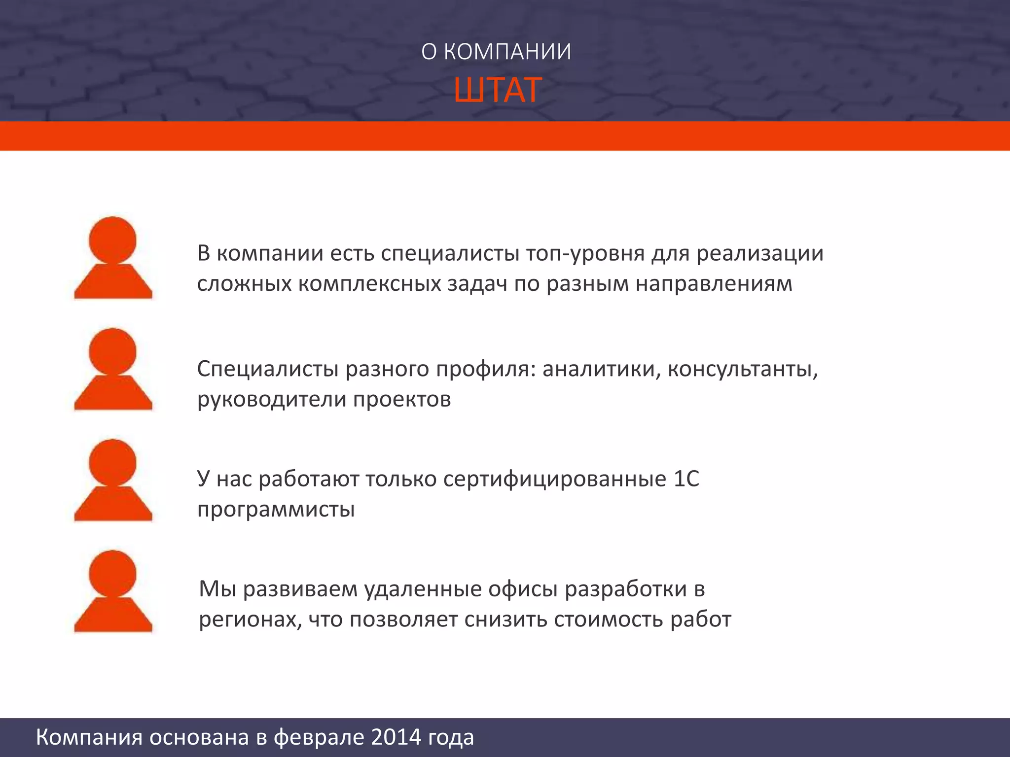Компания основана в феврале 2014 года
О КОМПАНИИ
ШТАТ
В компании есть специалисты топ-уровня для реализации
сложных комплексных задач по разным направлениям
У нас работают только сертифицированные 1С
программисты
Специалисты разного профиля: аналитики, консультанты,
руководители проектов
Мы развиваем удаленные офисы разработки в
регионах, что позволяет снизить стоимость работ
 