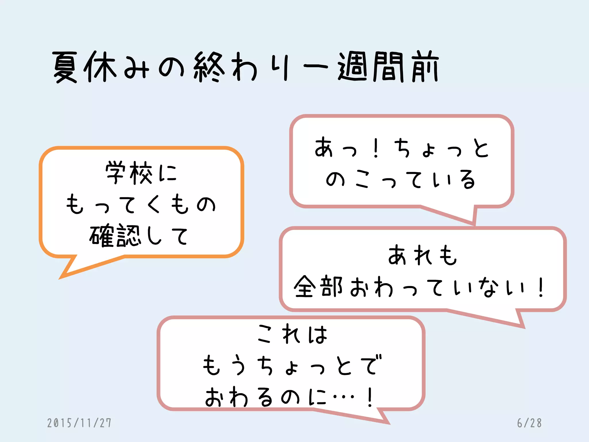 夏休みの終わり一週間前
学校に
もってくもの
確認して
あっ！ちょっと
のこっている
あれも
全部おわっていない！
これは
もうちょっとで
おわるのに…！
2015/11/27 6/28
 