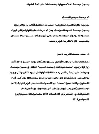 ‫لن١خ‬ ‫رِخ‬ ٍّٝ ‫عبّبد‬ ‫ثْذ‬ ‫عج١ٍٙب‬ ‫ؤخالء‬ ‫عّقخ‬ ٓ‫ثغج‬.
3-ُ‫اٌذّذ‬ ٞ‫ِجذ‬ ‫سدّخ‬:
‫ٌضٚعٙب‬ ‫ص٠بسرٙب‬ ‫ؤصٕبء‬ ‫اّزمٍذ‬ ,‫ثذِ١به‬ ‫اٌزيج١م١خ‬ ْٕٛ‫اٌف‬ ‫وٍ١خ‬ ‫خش٠جخ‬
‫لشسد‬ ٟ‫ٚاٌز‬ ‫إٌ١بثخ‬ ٍّٝ ‫ّشمذ‬ ُ‫ص‬ ِٓٚ ,‫اٌذشاعخ‬ ‫ؽذ٠ذ‬ ‫عّقخ‬ ٓ‫ثغج‬
‫دجغٙب‬15َٛ٠ ‫عج١ٍٙب‬ ‫بخالء‬ ‫لشسد‬ ٝ‫دز‬ ‫اٌزجذ٠ذاد‬ ‫ٚرٛاٌذ‬ َٛ٠1‫عجزّرب‬
‫ٚٔقف‬ ‫ؽٙش‬ ِٓ ‫ألوضش‬ َ‫دا‬ ‫دجظ‬ ‫ثْذ‬.
4-‫ٔبفش‬ ‫اٌغش٠ت‬ ‫ِذّذ‬ ‫ؤعّبء‬:
,‫ثغٕٙٛد‬ ٞ‫األص٘ش‬ ‫ثبملْٙذ‬ ‫رغز٠خ‬ ‫ؤخقبئ١خ‬َٛ٠ ‫ُمٍذ‬‫ز‬ّ‫ا‬11ٛ١ٌٛ٠2015‫ؤصٕبء‬ ,
‫ٌضٚعٙب‬ ‫ص٠بسرٙب‬"‫اٌغ١ذ‬ ‫ِذّذ‬ ‫ّجذاٌفزبح‬ ‫ِذّذ‬"‫عّقخ‬ ٓ‫عج‬ ‫يف‬ ً‫املْزم‬.
‫ٚعٙذ‬ ٟ‫ٚاٌز‬ ٌٟ‫اٌزب‬ َٛ١ٌ‫ا‬ ‫يف‬ ‫اٌذلٍٙ١خ‬ ‫ثّذبفَخ‬ ‫ثٍمبط‬ ‫ٔ١بثخ‬ ٍّٝ ‫ّٚشمذ‬
‫ثذجغٙب‬ ‫ؤِشد‬ ُ‫ص‬ ِٓٚ ,‫ٚرٛص٠ْٙب‬ ‫ِٕؾٛساد‬ ‫د١بصح‬ ُٙ‫ر‬ ‫ٌٙب‬15‫رِخ‬ ٍّٝ ً‫ب‬ِٛ٠
‫ؤعشح‬ ‫ٚلبٌذ‬ ,‫اٌزذم١ك‬"‫ؤعّبء‬"ْ‫ؤ‬ ‫بال‬ ,‫إٌ١بثخ‬ ‫لشاس‬ ٍّٝ ‫ثبعزئٕبف‬ َ‫رمذ‬ ‫بٔٙب‬
‫دجغٙب‬ ‫ؤِش‬ ‫ٚرإوذ‬ ,ٌٗٛ‫لج‬ ‫ثْذ‬ ‫ُفل‬‫س‬ ‫االعزئٕبف‬15‫رِخ‬ ٍّٝ ً‫ب‬ِٛ٠
ُ‫سل‬ ‫املذنش‬ ‫يف‬ ,‫اٌزذم١مبد‬456‫ٌغٕخ‬2015َٛ٠ ‫عج١ٍٙب‬ ‫بخالء‬ ُ‫ر‬ ٝ‫دز‬
23‫عجزّرب‬2015.
 