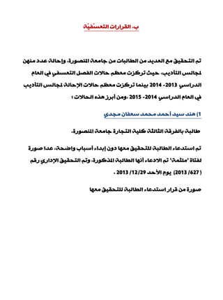 ‫ة‬.‫ّخ‬١‫ّف‬‫غ‬ْ‫اٌز‬ ‫اٌمشاساد‬
‫املٕقٛسح‬ ‫عبِْخ‬ ِٓ ‫اٌيبٌجبد‬ ِٓ ‫اٌْذ٠ذ‬ ِِ ‫اٌزذم١ك‬ ُ‫ر‬,ِٕٓٙ ‫ّذد‬ ‫ٚبدبٌخ‬
‫اٌزإد٠ت‬ ‫ملجبٌظ‬,َ‫اٌْب‬ ‫يف‬ ٟ‫اٌزْغف‬ ً‫اٌفق‬ ‫دبالد‬ َُِْ ‫رشوضد‬ ‫د١ش‬
ٟ‫اٌذساع‬2013-2014‫اٌزإد٠ت‬ ‫ملجبٌظ‬ ‫اإلدبٌخ‬ ‫دبالد‬ َُِْ ‫رشوضد‬ ‫ث١ّٕب‬
ٟ‫اٌذساع‬ َ‫اٌْب‬ ‫يف‬2014-2015,‫اٌذبالد‬ ٖ‫٘ز‬ ‫ؤثشص‬ ِٓٚ:
1)ٞ‫ِجذ‬ ْ‫عْفب‬ ‫ِذّذ‬ ‫ؤدّذ‬ ‫ع١ذ‬ ‫ٕ٘ذ‬
‫املٕقٛسح‬ ‫عبِْخ‬ ‫اٌزجبسح‬ ‫وٍ١خ‬ ‫اٌضبٌضخ‬ ‫ثبٌفشلخ‬ ‫ىبٌجخ‬.
‫فٛسح‬ ‫ّذا‬ ,‫ٚامذخ‬ ‫ؤعجبة‬ ‫بثذاء‬ ْٚ‫د‬ ‫ِْٙب‬ ‫ٌٍزذم١ك‬ ‫اٌيبٌجخ‬ ‫اعزذّبء‬ ُ‫ر‬
‫ٌفزبح‬"‫ٍِضّخ‬"ُ‫سل‬ ٞ‫اإلداس‬ ‫اٌزذم١ك‬ ُ‫ٚر‬ ,‫املزوٛسح‬ ‫اٌيبٌجخ‬ ‫ؤٔٙب‬ ‫االدّبء‬ ُ‫ر‬
(627/2013)‫األدذ‬ َٛ٠29/12/2013.
‫ِْٙب‬ ‫ٌٍزذم١ك‬ ‫اٌيبٌجخ‬ ‫اعزذّبء‬ ‫لشاس‬ ِٓ ‫فٛسح‬
 