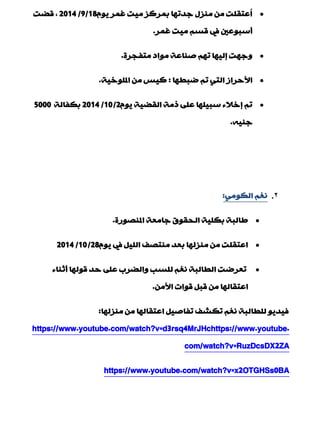 َٛ٠ ‫غّش‬ ‫ِ١ذ‬ ‫ثّشوض‬ ‫عذرٙب‬ ‫ِٕضي‬ ِٓ ‫ُّزمٍذ‬‫ا‬18/9/2014‫لنذ‬ ,
‫غّش‬ ‫ِ١ذ‬ ُ‫لغ‬ ‫يف‬ ‫ؤعجّٛني‬.
‫ِزفجشح‬ ‫ِٛاد‬ ‫فٕبّخ‬ ُٙ‫ر‬ ‫بٌ١ٙب‬ ‫ٚعٙذ‬.
‫مجيٙب‬ ُ‫ر‬ ٟ‫اٌز‬ ‫األدشاص‬:‫املٍٛخ١خ‬ ِٓ ‫و١ظ‬.
َٛ٠ ‫اٌمن١خ‬ ‫رِخ‬ ٍّٝ ‫عج١ٍٙب‬ ‫بخالء‬ ُ‫ر‬2/10/2014‫ثىفبٌخ‬5000
ٗ١ٕ‫ع‬.
2.ِٟٛ‫اٌى‬ ُ‫ٔغ‬:
‫املٕقٛسح‬ ‫عبِْخ‬ ‫اٌذمٛق‬ ‫ثىٍ١خ‬ ‫ىبٌجخ‬.
َٛ٠ ‫يف‬ ً١ٌٍ‫ا‬ ‫ِٕزقف‬ ‫ثْذ‬ ‫ِٕضٌٙب‬ ِٓ ‫اّزمٍذ‬28/10/2014
‫ؤصٕبء‬ ‫لٌٛٙب‬ ‫دذ‬ ٍّٝ ‫ٚاٌنشة‬ ‫ٌٍغت‬ ُ‫ٔغ‬ ‫اٌيبٌجخ‬ ‫رْشمذ‬
ِٓ‫األ‬ ‫لٛاد‬ ً‫لج‬ ِٓ ‫اّزمبٌٙب‬.
‫ِٕضٌٙب‬ ِٓ ‫اّزمبٌٙب‬ ً١‫رفبف‬ ‫رىؾف‬ ُ‫ٔغ‬ ‫ٌٍيبٌجخ‬ ٛ٠‫ف١ذ‬:
https://www.youtube.com/watch?v=d3rsq4MrJHchttps://www.youtube.
com/watch?v=RuzDcsDX2ZA
https://www.youtube.com/watch?v=x2OTGHSs0BA
 