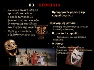 03 ΚΩΜΩΔΙΑ
• κωμωδία είναι η ωδή, το
τραγούδι του κώμου.
ο χορός των ανδρών
(κωμαστών)που κωμάζει
(= γλεντάει) αποτέλεσε
τον πυρήνα της κωμωδίας.
• Έμβλημα ο φαλλός,
σύμβολο γονιμότητας
•
• Προδρομικές μορφές της
κωμωδίας είναι:
•H μεγαρική φάρσα:
Σύντομη πειρακτική κωμωδία, με
σκοπούς πολιτικούς
• H σικελική κωμωδία:
Διακωμωδεί κυρίως πολιτικά
πρόσωπα.
• O μίμος:
• Λαϊκό λογοτεχνικό είδος —
διασκεδαστική απομίμηση σκηνών
καθημερινής ζωής
 