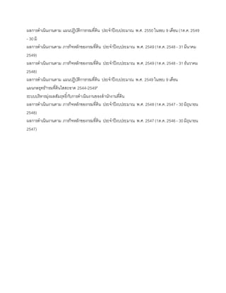 ผลการดาเนินงานตาม แผนปฏิบัติการกรมที่ดิน ประจาปีงบประมาณ พ.ศ. 2550 ในรอบ 9 เดือน (1ต.ค. 2549
- 30 มิ
ผลการดาเนินงานตาม ภารกิจหลักของกรมที่ดิน ประจาปีงบประมาณ พ.ศ. 2549 (1ต.ค. 2548 - 31 มีนาคม
2549)
ผลการดาเนินงานตาม ภารกิจหลักของกรมที่ดิน ประจาปีงบประมาณ พ.ศ. 2549 (1ต.ค. 2548 - 31 ธันวาคม
2548)
ผลการดาเนินงานตาม แผนปฏิบัติการกรมที่ดิน ประจาปีงบประมาณ พ.ศ. 2549 ในรอบ 9 เดือน
แผนกลยุทธ์"กรมที่ดินใสสะอาด 2544-2549"
ระบบบริหารมุ่งผลสัมฤทธิ์กับการดาเนินงานของสานักงานที่ดิน
ผลการดาเนินงานตาม ภารกิจหลักของกรมที่ดิน ประจาปีงบประมาณ พ.ศ. 2548 (1ต.ค. 2547 - 30 มิถุนายน
2548)
ผลการดาเนินงานตาม ภารกิจหลักของกรมที่ดิน ประจาปีงบประมาณ พ.ศ. 2547 (1ต.ค. 2546 - 30 มิถุนายน
2547)
 