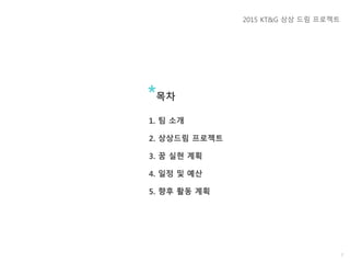 2
목차
1. 팀 소개
2. 상상드림 프로젝트
3. 꿈 실현 계획
4. 일정 및 예산
5. 향후 활동 계획
2015 KT&G 상상 드림 프로젝트
 