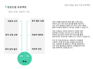 후각 혐오 요법
아로마 테라피
아로마 진단
아로마 교구
후각 교정 교육
후각 감각 놀이
향(香)
교육 치료
향의 교육, 치료적 가치
상상드림 프로젝트
2015 KT&G 상상 드림 프로젝트
실제 사례를 살펴보면 향을 통한 교육으로는
아로마 교구, 후각 감각 놀이를 통해 어린이의
두뇌, 후각 발달에 도움을 주고 후각 교정 교육을
통해 아이들의 행동이나 편식을 교정할 수 있습니다.
치료 사례로는 아로마 테라피가 다양한 의학
분야에서 두각을 나타내고 있고 특이한 것은
아로마 진단인데 간단한 후각 테스트를 통해
알츠하이머, 파킨슨병, 자폐아 조기 진단이 가능합니다.
미국 한 치료센터에서는 비정상적 성 행동을
교정하기 위해 후각 혐오 요법을 실시하는데
이는 교정해야 할 행동이나 생각을 재현하면서
아주 강한 불쾌감을 유발하는 냄새를 맡게 하는
것을 반복하여 교정을 합니다.
 
