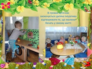 В ігрових куточках
заохочується дитяча ініціатива
відтворювати те, що малюки
бачать у своєму житті
 
