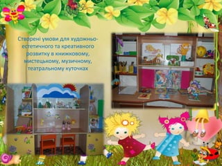 Створені умови для художньо-
естетичного та креативного
розвитку в книжковому,
мистецькому, музичному,
театральному куточках
 