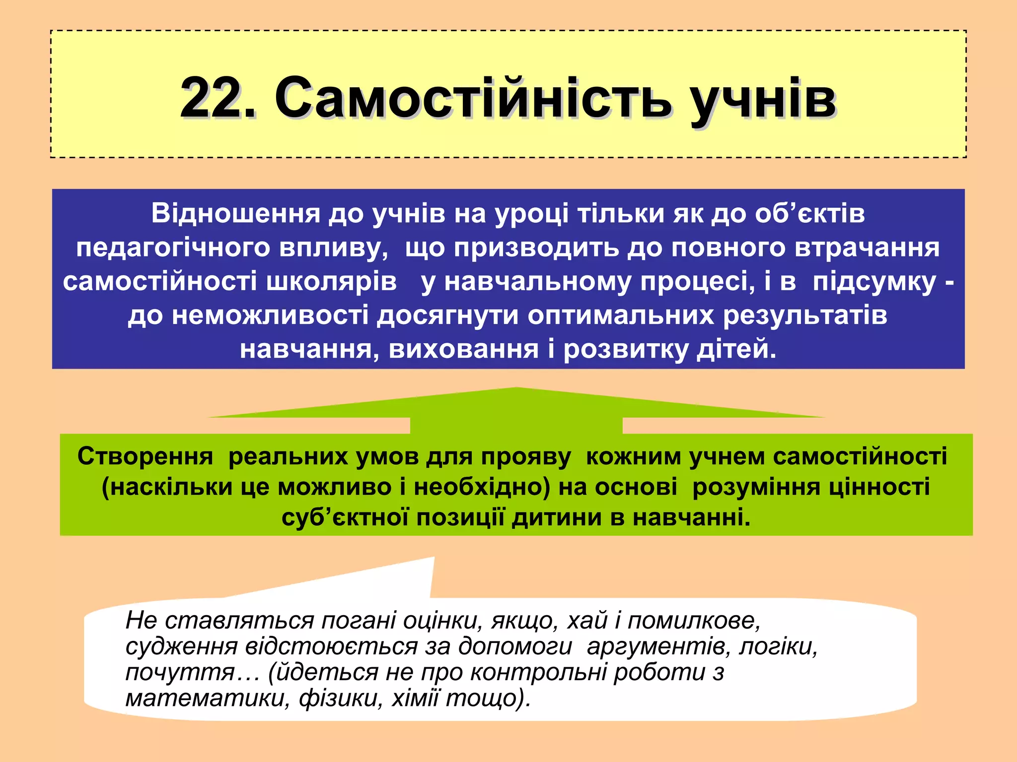 22. Самостійність учнів22. Самостійність учнів
Створення реальних умов для прояву кожним учнем самостійності
(наскільки це можливо і необхідно) на основі розуміння цінності
суб’єктної позиції дитини в навчанні.
Відношення до учнів на уроці тільки як до об’єктів
педагогічного впливу, що призводить до повного втрачання
самостійності школярів у навчальному процесі, і в підсумку -
до неможливості досягнути оптимальних результатів
навчання, виховання і розвитку дітей.
Не ставляться погані оцінки, якщо, хай і помилкове,
судження відстоюється за допомоги аргументів, логіки,
почуття… (йдеться не про контрольні роботи з
математики, фізики, хімії тощо).
 
