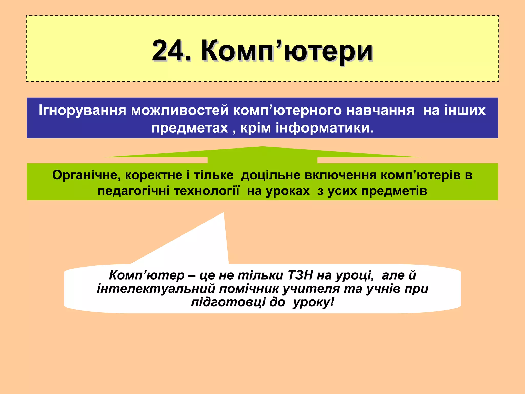 24. Комп24. Комп’’ютериютери
Органічне, коректне і тільке доцільне включення комп’ютерів в
педагогічні технології на уроках з усих предметів
Ігнорування можливостей комп’ютерного навчання на інших
предметах , крім інформатики.
Комп’ютер – це не тільки ТЗН на уроці, але й
інтелектуальний помічник учителя та учнів при
підготовці до уроку!
 