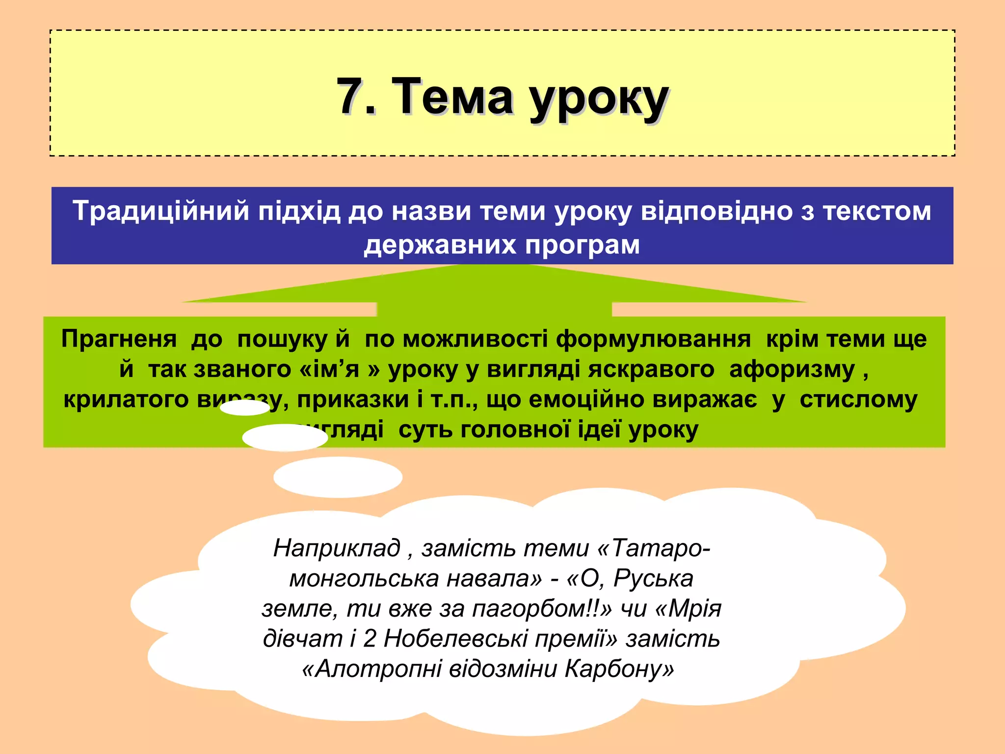 7. Тема уроку7. Тема уроку
Прагненя до пошуку й по можливості формулювання крім теми ще
й так званого «ім’я » уроку у вигляді яскравого афоризму ,
крилатого виразу, приказки і т.п., що емоційно виражає у стислому
вигляді суть головної ідеї уроку
Традиційний підхід до назви теми уроку відповідно з текстом
державних програм
Наприклад , замість теми «Татаро-
монгольська навала» - «О, Руська
земле, ти вже за пагорбом!!» чи «Мрія
дівчат і 2 Нобелевські премії» замість
«Алотропні відозміни Карбону»
 