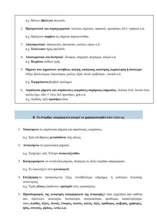 π.χ. Μένων ἐβούλετο πλουτεῖν.
2. Προτρεπτικά και παραχωρητικά: κελεύω, κηρύττω, παραινῶ, προτρέπω, ἐῶ (= αφήνω) κ.ά.
π.χ. Πρόξενον παρῄνει ὡς τάχιστα παραγενέσθαι.
3. Απαγορευτικά: ἀπαγορεύω, ἀποτρέπω, κωλύω, εἴργω κ.ά.
π.χ. Ἐκώλυσαν ἡμᾶς ἀπελθεῖν.
4. Αποπειρατικά και δυνητικά: δύναμαι, ἐπιχειρῶ, πειρῶμαι, τολμῶ κ.ά.
π.χ. Πειρᾶται πείθειν ὑμᾶς.
5. Ρήματα που σημαίνουν συνήθεια, σκέψη, απόφαση, απαίτηση, παράκληση ή δισταγμό:
ἐθίζω, βουλεύομαι, διανοοῦμαι, μέλλω, ἀξιῶ, ὀκνῶ, φοβοῦμαι , σκοπῶ κ.ά.
π.χ. Ἐψηφίσαντο βοηθεῖν πανδημεί.
6. Απρόσωπα ρήματα και απρόσωπες εκφράσεις παρόμοιας σημασίας: ἀνάγκη ἐστί, δεινόν ἐστι,
καλῶς ἔχει, οἷόν τ’ ἐστι, δεῖ, προσήκει, χρὴ κ.ά.
π.χ. Ἀγαθοῖς ὑμῖν προσήκει εἶναι.
Β. Το άναρθρο απαρέμφατο μπορεί να χρησιμοποιηθεί στον λόγο ως
1. Yποκείμενο σε απρόσωπα ρήματα και απρόσωπες εκφράσεις:
π.χ. Χρὴ τοῦ βάρους μεταδιδόναι τοῖς φίλοις.
2. Aντικείμενο σε προσωπικά ρήματα:
π.χ. Ἐκήρυξεν τοῖς Ἕλλησι συσκευάζεσθαι.
3. Kατηγορούμενο σε συνδετικά ρήματα, ιδιαίτερα σε άλλο έναρθρο απαρέμφατο:
π.χ. Τὸ λακωνίζειν ἐστὶ φιλοσοφεῖν.
4. Επεξήγηση σε προηγούμενη λέξη, συνηθέστερα επίρρημα, ή ουδέτερο δεικτικής
αντωνυμίας:
π.χ. Ὑμᾶς οὕτως ἐπαίδευον, προτιμᾶν τοὺς γεραιτέρους.
5. Προσδιορισμός της αναφοράς (απαρέμφατο της αναφοράς): όταν εξαρτάται από επίθετα
που δηλώνουν ικανότητα, δυνατότητα, αναγκαιότητα, προθυμία, καταλληλότητα,
όπως ἀγαθός, ἄξιος, δεινός, ἕτοιμος, ἱκανός, καλός, ὀξύς, πρόθυμος, φοβερός, χρήσιμος,
ἡδύς, στυγνός, ῥᾴδιος, λιτὸς κ.ά.
 