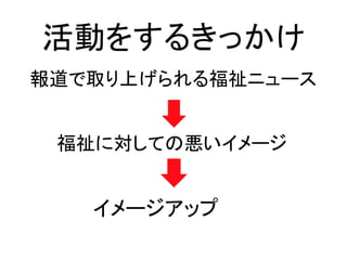 活動をするきっかけ
報道で取り上げられる福祉ニュース
福祉に対しての悪いイメージ
イメージアップ
 