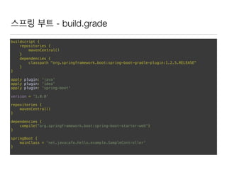스프링 부트 - build.grade
buildscript {
repositories {
mavenCentral()
}
dependencies {
classpath "org.springframework.boot:spri...