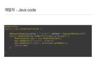 계발자 - Java code
@Controller 
public class OrderController { 
@RequestMapping(value = "/order", method = RequestMethod.GET)...