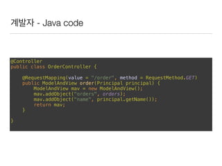 계발자 - Java code
@Controller 
public class OrderController { 
@RequestMapping(value = "/order", method = RequestMethod.GET) 
public ModelAndView order(Principal principal) { 
ModelAndView mav = new ModelAndView(); 
mav.addObject("orders", orders); 
mav.addObject("name", principal.getName()); 
return mav; 
}
}
 