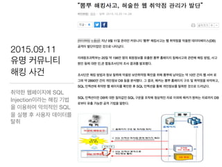 2015.09.11
유명 커뮤니티
해킹 사건
취약한 웹페이지에 SQL
Injection이라는 해킹 기법
을 이용하여 악의적인 SQL
을 실행 후 사용자 데이터를
탈취
 