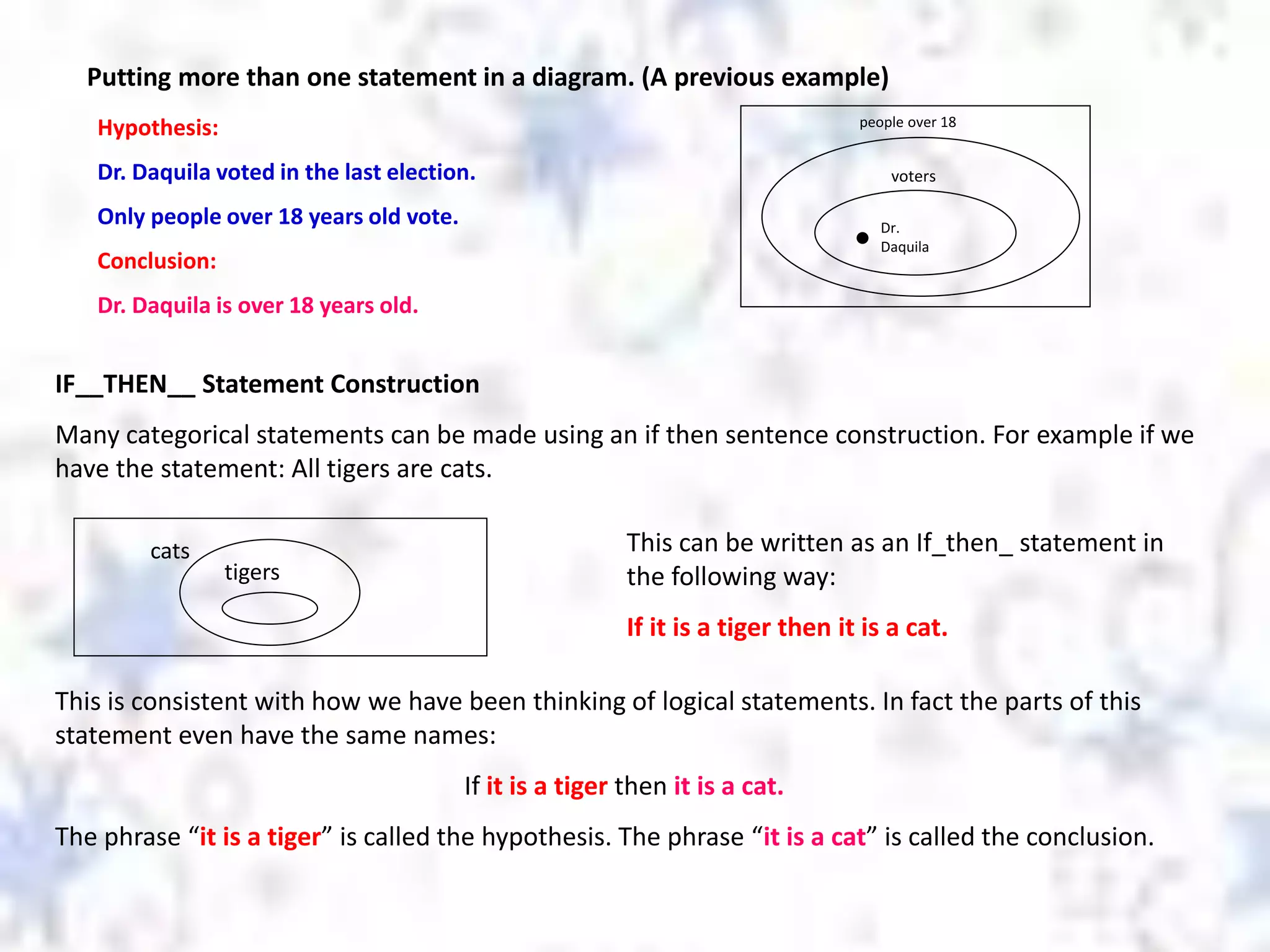 Putting more than one statement in a diagram. (A previous example)
Hypothesis:
Dr. Daquila voted in the last election.
Only people over 18 years old vote.
Conclusion:
Dr. Daquila is over 18 years old.
Dr.
Daquila
voters
people over 18
IF__THEN__ Statement Construction
Many categorical statements can be made using an if then sentence construction. For example if we
have the statement: All tigers are cats.
cats
tigers
This can be written as an If_then_ statement in
the following way:
If it is a tiger then it is a cat.
This is consistent with how we have been thinking of logical statements. In fact the parts of this
statement even have the same names:
If it is a tiger then it is a cat.
The phrase “it is a tiger” is called the hypothesis. The phrase “it is a cat” is called the conclusion.
 