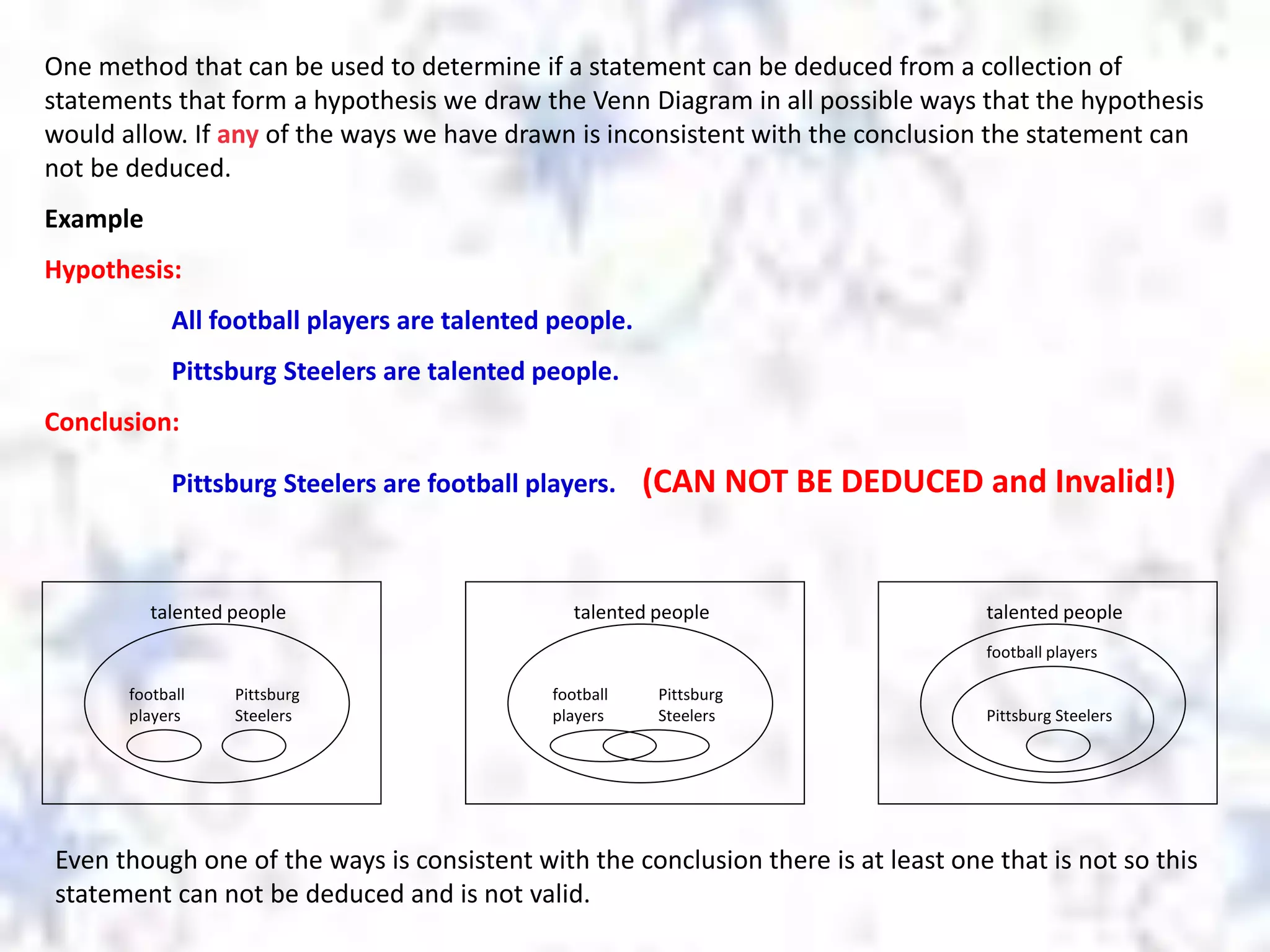 One method that can be used to determine if a statement can be deduced from a collection of
statements that form a hypothesis we draw the Venn Diagram in all possible ways that the hypothesis
would allow. If any of the ways we have drawn is inconsistent with the conclusion the statement can
not be deduced.
Example
Hypothesis:
All football players are talented people.
Pittsburg Steelers are talented people.
Conclusion:
Pittsburg Steelers are football players. (CAN NOT BE DEDUCED and Invalid!)
talented people
football
players
Pittsburg
Steelers
talented people
football players
Pittsburg Steelers
talented people
football
players
Pittsburg
Steelers
Even though one of the ways is consistent with the conclusion there is at least one that is not so this
statement can not be deduced and is not valid.
 