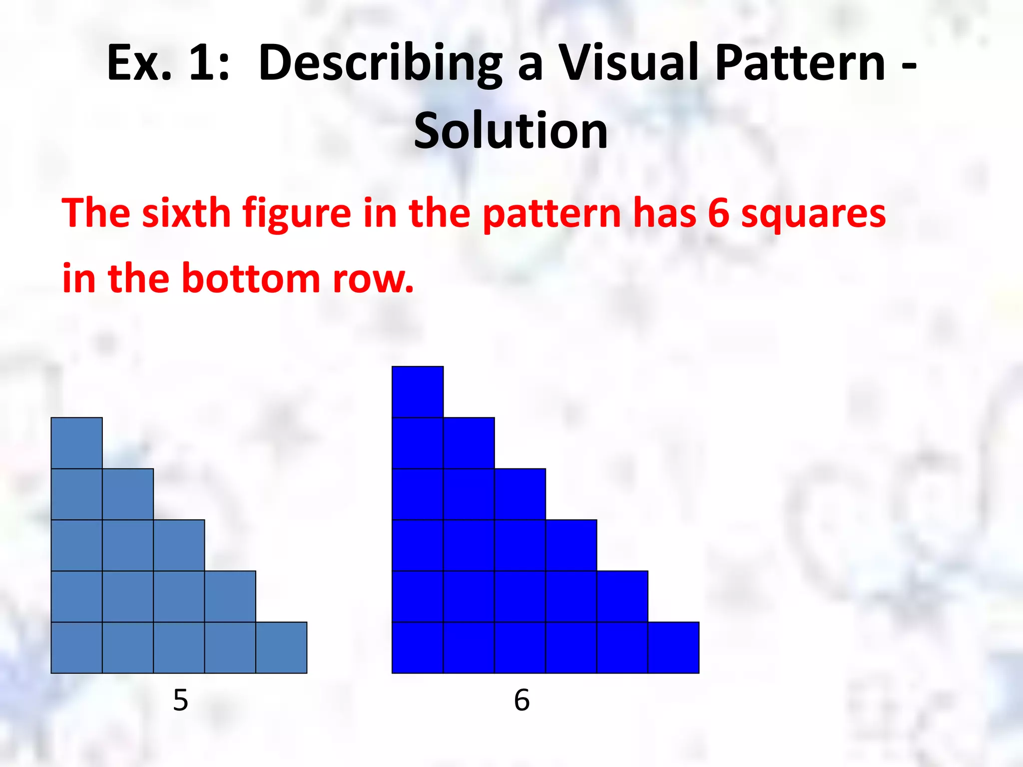 Ex. 1: Describing a Visual Pattern -
Solution
The sixth figure in the pattern has 6 squares
in the bottom row.
5 6
 
