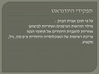 ‫הבזק‬ ‫אגרת‬ ‫תוכן‬ ‫פי‬ ‫על‬:
‫לביצוען‬ ‫ואחריות‬ ‫הגרמנים‬ ‫הוראות‬ ‫מילוי‬
‫הגטו‬ ‫תחומי‬ ‫אל‬ ‫היהודים‬ ‫להעברת‬ ‫אחריות‬
‫ע‬ ‫היהודית‬ ‫האוכלוסייה‬ ‫של‬ ‫רשימות‬ ‫עריכת‬"‫מין‬ ‫פ‬,‫גיל‬,
‫מקצוע‬.
 