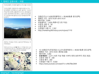 7. 캠페인 집행사례 – 여행
tenping.kr / biz.tenping.kr
 70원(단가) X 1,428(유효클릭수) = 99,960원(총 광고금액)
 캠페인 기간 : 2015.10.20~2015.10.31
 페이지뷰 : 2,049
 유효클릭수 : 1,428 (체류시간 5초 이상)
 소문낸 사람 수 : 92
 소문낸 횟수 : 190
 소문들은 사람 수 : 1,767
 http://marketing360.tistory.com/m/post/1110
지리산종주, 이것만 알면 누구나 할 수 있다
지리산종주, 대한민국 사람이라면 누구나
한 번쯤은 도전해 보고 싶은 일이다. 그러나
막상 떠나려면 교통편이나 식사, 준비물 등
모든 게 막막하기만 하다. 그래서 지리산종
주 사전준비에 필요한 모든 정보를 정리해
보았다.
 15~50원(단가/초당과금) X 2,271(유효재생수) = 89,961원(총 광고금액)
 캠페인 기간 : 2015.10.03~종료일 없음
 페이지뷰 : 3,382
 유효재생수 : 2,271 (10초 이상 재생 시부터 최대 30초까지 초당 과금)
 소문낸 사람 수 : 240
 소문낸 횟수 : 260
 소문들은 사람 수 : 9,564
 https://www.youtube.com/watch?v=crMe7BeLDkM
제주도 가세요? 이런 스냅사진 찍어보는 거
어떠세요?
제주도로 떠나는 심쿵♥여행. 그 기억을 감성 스냅
사진에 담아드립니다. 10월 예약자 최대 37% 선착
순 할인. 더 많은 샘플을 보려면, 몽블필름:
http://montblefilm.modoo.at/
 