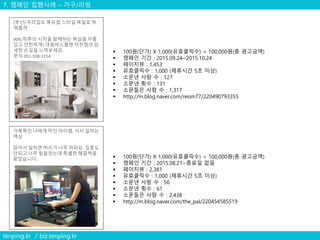7. 캠페인 집행사례 – 가구/리빙
tenping.kr / biz.tenping.kr
 100원(단가) X 1,000(유효클릭수) = 100,000원(총 광고금액)
 캠페인 기간 : 2015.09.24~2015.10.24
 페이지뷰 : 1,453
 유효클릭수 : 1,000 (체류시간 5초 이상)
 소문낸 사람 수 : 127
 소문낸 횟수 : 131
 소문들은 사람 수 : 1,317
 http://m.blog.naver.com/reom77/220490793355
[부산] 우리집도 북유럽 스타일 욕실로 바
꿔볼까
90% 하루의 시작을 함께하는 욕실을 아름
답고 안전하게! 대림바스플랜 덕천점의 섬
세한 손길을 느껴보세요.
문의 051-338-1154
거북목인 나에게 딱인 아이템, 서서 일하는
책상
앉아서 일하면 허리가 너무 아파요. 집중도
안되고 너무 힘들었는데 특별한 해결책을
찾았습니다.  100원(단가) X 1,000(유효클릭수) = 100,000원(총 광고금액)
 캠페인 기간 : 2015.08.21~종료일 없음
 페이지뷰 : 2,381
 유효클릭수 : 1,000 (체류시간 5초 이상)
 소문낸 사람 수 : 56
 소문낸 횟수 : 61
 소문들은 사람 수 : 2,438
 http://m.blog.naver.com/the_pal/220454585519
 