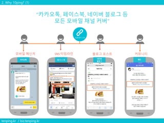 2. Why 10ping? (1)
tenping.kr / biz.tenping.kr
소문내기 URL
모바일 메신저 SNS 타임라인 블로그 포스트 커뮤니티
페이스북
http://10p.kr/t4kvdcoeh0
http://10p.kr/t4kvdcoeh0
http://10p.kr/t4kvd
 
