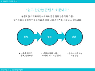 등록 협의 승인
• 소문주 콘텐츠
등록, 심사요청
• 콘텐츠 제목, 내용,
이미지, 기타 조건 협의
3. 캠페인 집행 절차
• 콘텐츠 소문 여부
최종 승인
tenping.kr / biz.tenping.kr
 