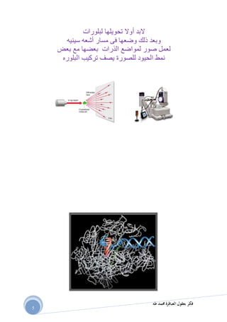 ‫طه‬ ‫حممد‬ ‫العباقرة‬ ‫بعقول‬ ‫فكر‬
5
‫لبلورات‬ ‫تحويلها‬ ‫أوال‬ ‫البد‬
‫أشعه‬ ‫مسار‬ ‫فى‬ ‫وضعها‬ ‫ذلك‬ ‫وبعد‬‫سينيه‬
‫بعض‬ ‫مع‬ ‫بعضها‬ ‫الذرات‬ ‫لمواضع‬ ‫صور‬ ‫لعمل‬
‫البلوره‬ ‫تركيب‬ ‫يصف‬ ‫للصورة‬ ‫الحيود‬ ‫نمط‬
 