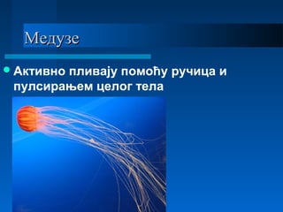 МедузеМедузе
Активно пливају помоћу ручица и
пулсирањем целог тела
 