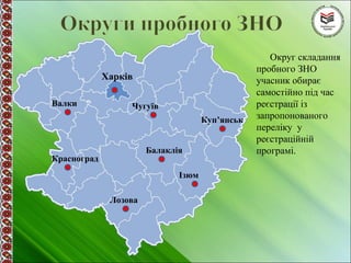 Округ складання
пробного ЗНО
учасник обирає
самостійно під час
реєстрації із
запропонованого
переліку у
реєстраційній
програмі.
Харків
Балаклія
Валки
Ізюм
Красноград
Куп’янськ
Лозова
Чугуїв
 