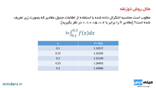 ‫ذوزنقه‬ ‫روش‬ ‫مثال‬
‫ت‬ ‫زیر‬ ‫بصورت‬ ‫که‬ ‫مقادیر‬ ‫جدول‬ ‫اطالعات‬ ‫از‬ ‫استفاده‬ ‫با‬ ‫شده‬ ‫داده‬ ‫انتگرال‬ ‫محاسبه‬ ‫است‬ ‫مطلوب‬‫عریف‬
‫است؟‬ ‫شده‬(‫مقادیر‬h‫با‬ ‫برابر‬ ‫را‬0.2،0.1،0.05‫بگیرید‬ ‫نظر‬ ‫در‬)
I= 0.1
0.3
𝑓 𝑥 𝑑𝑥
x Y = f(x)
0.1 1.10517
0.15 1.16183
0.2 1.22140
0.25 1.28403
0.3 1.34986
 