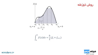 𝑥0 = 𝑎
𝑥0 𝑥1 𝑥2 𝑥3 𝑥4 𝑥5
n
ab
h


𝑥5 = 𝑏
𝑓(𝑥)
𝑎
𝑏
𝑓 𝑥 𝑑𝑥 =
ℎ
2
(𝑓𝑖 + 𝑓𝑖+1)
‫ذوزنقه‬ ‫روش‬
 