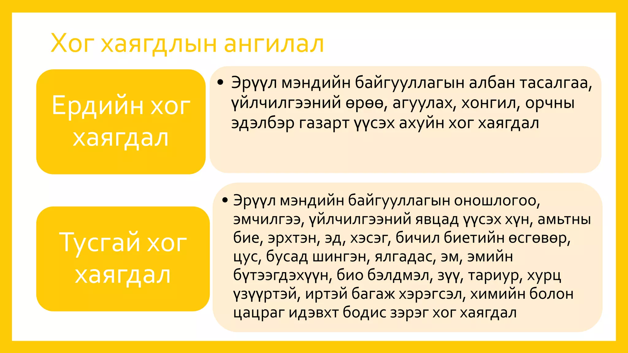 Хог хаягдлын ангилал
• Эрүүл мэндийн байгууллагын албан тасалгаа,
үйлчилгээний өрөө, агуулах, хонгил, орчны
эдэлбэр газарт үүсэх ахуйн хог хаягдал
Ердийн хог
хаягдал
• Эрүүл мэндийн байгууллагын оношлогоо,
эмчилгээ, үйлчилгээний явцад үүсэх хүн, амьтны
бие, эрхтэн, эд, хэсэг, бичил биетийн өсгөвөр,
цус, бусад шингэн, ялгадас, эм, эмийн
бүтээгдэхүүн, био бэлдмэл, зүү, тариур, хурц
үзүүртэй, иртэй багаж хэрэгсэл, химийн болон
цацраг идэвхт бодис зэрэг хог хаягдал
Тусгай хог
хаягдал
 