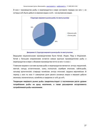 Консалтинговая группа «БизпланиКо», www.bizplan5.ru , vip@bizplan5.ru , +7 (495) 645 18 95
27
В хххх г производство рыбы и морепродуктов в мире составило порядка ххх млн т, из
которых хх% было добыто в морских водах и хх% – во внутренних водах.
Диаграмма 4. Структура мирового рынка рыбы по месту вылова
Ведущими национальными производителями были Китай, Индия, Перу и Индонезия.
Китай с большим опережением остается самым крупным производителем рыбы и
морепродуктов в мире с объемом производства почти хх млн т в хххх г.
Главными видами в составе вылова рыбы и морепродуктов являются: анчоус перуанский,
минтай, сельдь атлантическая, тунец полосатый, скумбрия японская, сабля-рыба,
кальмар аргентинский, ставрида чилийская, анчоус японский, сардина европейская. В
период с хххх по хххх гг совокупная доля десяти основных видов в мировой добыче
менялась незначительно, колеблясь в пределах от хх% до хх%.
Тенденции мирового рынка рыбы свидетельствуют о постепенном росте уровня
потребления рыбы на душу населения, а также расширения ассортимента
потребляемой рыбы населением.
68%
32%
Структура мирового рынка рыбы по месту вылова
Морская рыба
Речная рыба
 