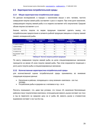 Консалтинговая группа «БизпланиКо», www.bizplan5.ru , vip@bizplan5.ru , +7 (495) 645 18 95
29
2.3 Харктеристика потребительской среды
2.3.1 Общая характеристика потребительской среды
По данным исследований, в городах с населением свыше х млн. человек, частота
совершения покупки свжей рыбы составляет х раз в х недели. При этом доля населения,
совершающего покупку свежей рыбы х-х в неделю составляет хх% покупателей. Средний
объем покупки составляет х,х кг.
Анализ частоты покупок по видам продукции позволяет сделать вывод, что
потребительские предпочтения в сегменте рыбной продукции смещены в сторону свежей
(живой, охлажденной) рыбы.
Свежая и/или
живая
Копченая/вял
еная
Рыбные
консервы
Мороженая Рыбные
полуфабрика
ты
Другие
х-х раза в неделю хх хх хх х х х
х раза в месяц хх хх хх хх х х
х раз в месяц хх хх хх хх хх хх
х-х раза в год х хх хх хх хх хх
Не покупают такую
рыбу
хх хх хх хх хх хх
Таблица 6. Частота покупок рыбной продукции
По месту совершения покупки свежей рыбы на долю специализированных магазинов
приходится не менее х% всех покупок свежей рыбы. При этом сохраняется тенденция к
росту доли покупок рыбы в специализированных магазинах.
2.3.2 Количественная характеристика потребительской среды
для количественной оценки потребительской среды принимались во внимание
следующие исходные данные:
 Население в районах, попадающих в «зону влияния» комплекса – ххх тыс.
человек.
 Потребление рыбы в среднем на х человека в год – хх кг.
Расчеты показывают, что, даже при условии, что только х% населения билзлежащих
районов станут покупателями комплекса, потенциальная емкость рынка составит ххх тонн
в год (в пересчете на среднюю цену за кг рыбы х$, емкость рынка в стоимостном
выражении составит х ххх тыс.$ в год.
 