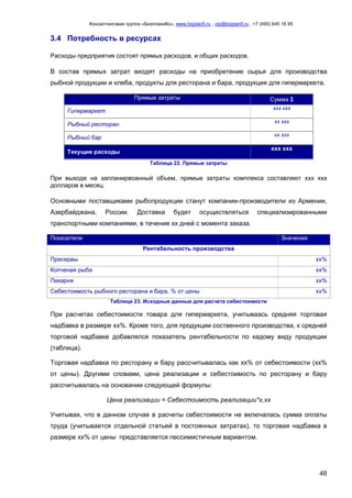Консалтинговая группа «БизпланиКо», www.bizplan5.ru , vip@bizplan5.ru , +7 (495) 645 18 95
48
3.4 Потребность в ресурсах
Расходы предприятия состоят прямых расходов, и общих расходов.
В состав прямых затрат входят расходы на приобретение сырья для производства
рыбной продукции и хлеба, продукты для ресторана и бара, продукция для гипермаркета.
Прямые затраты Сумма $
Гипермаркет ххх ххх
Рыбный ресторан хх ххх
Рыбный бар хх ххх
Текущие расходы
ххх ххх
Таблица 22. Прямые затраты
При выходе на запланирвоанный объем, прямые затраты комплекса составляют ххх ххх
долларов в месяц.
Основными поставщиками рыбопродукции станут компании-производители из Армении,
Азербайджана, России. Доставка будет осуществляться специализированными
транспортными компаниями, в течение хх дней с момента заказа.
Показатели Значения
Рентабельность производства
Пресервы хх%
Копченая рыба хх%
Пекарня хх%
Себестоимость рыбного ресторана и бара, % от цены хх%
Таблица 23. Исходные данные для расчета себестоимости
При расчетах себестоимости товара для гипермаркета, учитываась средняя торговая
надбавка в размере хх%. Кроме того, для продукции соственного производства, к средней
торговой надбавке добавлялся показатель рентабельности по кадому виду продукции
(таблица).
Торговая надбавка по ресторану и бару рассчитывалась как хх% от себестоимости (хх%
от цены). Другими словами, цена реализации и себестоимость по ресторану и бару
рассчитывалась на основании следующей формулы:
Цена реализации = Себестоимость реализации*х,хх
Учитывая, что в данном случае в расчеты себестоимости не включалась сумма оплаты
труда (учитывается отдельной статьей в постоянных затратах), то торговая надбавка в
размере хх% от цены представляется пессимистичным вариантом.
 