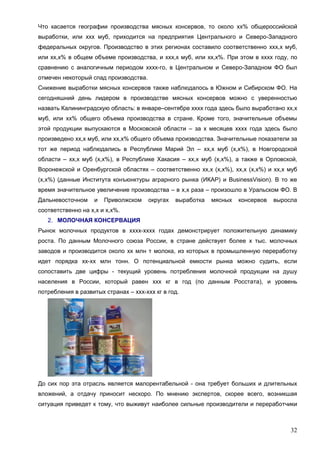 32
Что касается географии производства мясных консервов, то около хх% общероссийской
выработки, или ххх муб, приходится на предприятия Центрального и Северо-Западного
федеральных округов. Производство в этих регионах составило соответственно ххх,х муб,
или хх,х% в общем объеме производства, и ххх,х муб, или хх,х%. При этом в хххх году, по
сравнению с аналогичным периодом хххх-го, в Центральном и Северо-Западном ФО был
отмечен некоторый спад производства.
Снижение выработки мясных консервов также наблюдалось в Южном и Сибирском ФО. На
сегодняшний день лидером в производстве мясных консервов можно с уверенностью
назвать Калининградскую область: в январе–сентябре хххх года здесь было выработано хх,х
муб, или хх% общего объема производства в стране. Кроме того, значительные объемы
этой продукции выпускаются в Московской области – за х месяцев хххх года здесь было
произведено хх,х муб, или хх,х% общего объема производства. Значительные показатели за
тот же период наблюдались в Республике Марий Эл – хх,х муб (х,х%), в Новгородской
области – хх,х муб (х,х%), в Республике Хакасия – хх,х муб (х,х%), а также в Орловской,
Воронежской и Оренбургской областях – соответственно хх,х (х,х%), хх,х (х,х%) и хх,х муб
(х,х%) (данные Института конъюнктуры аграрного рынка (ИКАР) и BusinessVision). В то же
время значительное увеличение производства – в х,х раза – произошло в Уральском ФО. В
Дальневосточном и Приволжском округах выработка мясных консервов выросла
соответственно на х,х и х,х%.
2. МОЛОЧНАЯ КОНСЕРВАЦИЯ
Рынок молочных продуктов в хххх-хххх годах демонстрирует положительную динамику
роста. По данным Молочного союза России, в стране действует более х тыс. молочных
заводов и производится около хх млн т молока, из которых в промышленную переработку
идет порядка хх-хх млн тонн. О потенциальной емкости рынка можно судить, если
сопоставить две цифры - текущий уровень потребления молочной продукции на душу
населения в России, который равен ххх кг в год (по данным Росстата), и уровень
потребления в развитых странах – ххх-ххх кг в год.
До сих пор эта отрасль является малорентабельной - она требует больших и длительных
вложений, а отдачу приносит нескоро. По мнению экспертов, скорее всего, возникшая
ситуация приведет к тому, что выживут наиболее сильные производители и переработчики
 