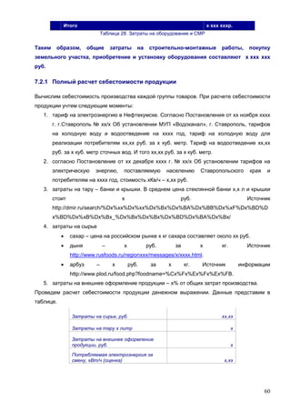 60
Итого х ххх хххр.
Таблица 28. Затраты на оборудование и СМР
Таким образом, общие затраты на строительно-монтажные работы, покупку
земельного участка, приобретение и установку оборудования составляют х ххх ххх
руб.
7.2.1 Полный расчет себестоимости продукции
Вычислим себестоимость производства каждой группы товаров. При расчете себестоимости
продукции учтем следующие моменты:
1. тариф на электроэнергию в Нефтекумске. Согласно Постановления от хх ноября хххх
г. г.Ставрополь № хх/х Об установлении МУП «Водоканал», г. Ставрополь, тарифов
на холодную воду и водоотведение на хххх год, тариф на холодную воду для
реализации потребителям хх,хх руб. за х куб. метр. Тариф на водоотведение хх,хх
руб. за х куб. метр сточных вод. И того хх,хх руб. за х куб. метр.
2. согласно Постановление от хх декабря хххх г. № хх/х Об установлении тарифов на
электрическую энергию, поставляемую населению Ставропольского края и
потребителям на хххх год, стоимость хКв/ч – х,хх руб.
3. затраты на тару – банки и крышки. В среднем цена стеклянной банки х,х л и крышки
стоит х руб. Источник
http://dmir.ru/search/%Dх%хх%Dх%хх%Dх%Bх%Dх%BA%Dх%BB%Dх%хF%Dх%BD%D
х%BD%Dх%хB%Dх%Bх_%Dх%Bх%Dх%Bх%Dх%BD%Dх%BA%Dх%Bх/
4. затраты на сырье
 сахар – цена на российском рынке х кг сахара составляет около хх руб.
 дыня – х руб. за х кг. Источник
http://www.rusfoods.ru/regionххх/messages/х/хххх.html.
 арбуз – х руб. за х кг. Источник информации
http://www.plod.ru/food.php?foodname=%Cх%Fх%Eх%Fх%Eх%FB.
5. затраты на внешнее оформление продукции – х% от общих затрат производства.
Проведем расчет себестоимости продукции денежном выражении. Данные представим в
таблице.
Затраты на сирье, руб. хх,хх
Затраты на тару х литр х
Затраты на внешнее оформление
продукции, руб. х
Потребляемая электроэнергия за
смену, кВт/ч (оценка) х,хх
 